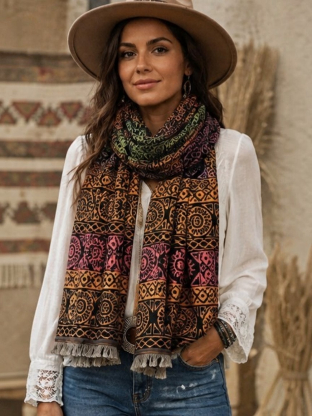FRYE NWT Boho Aztec Inspired Woven Scarf Wrap Fringe Black Multicolor 70" x 23"